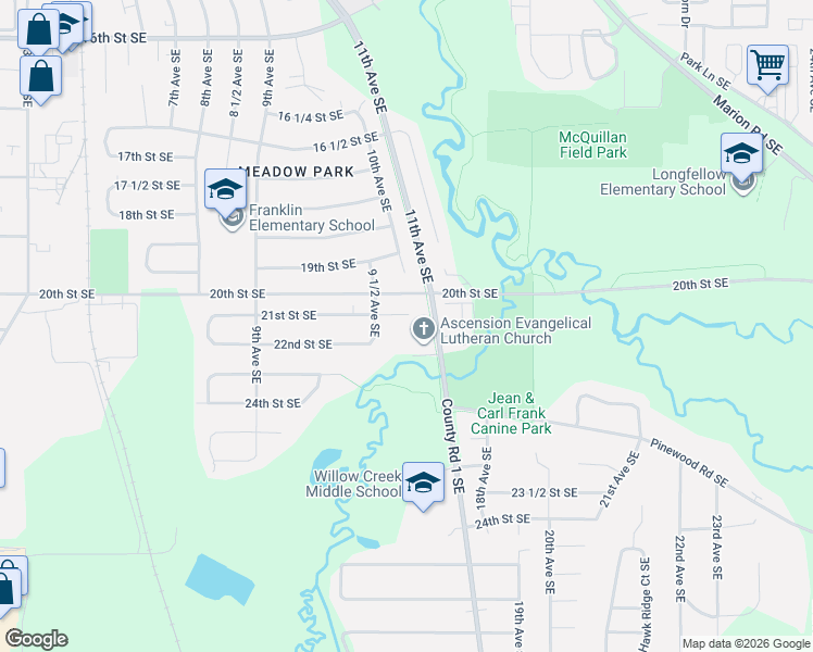 map of restaurants, bars, coffee shops, grocery stores, and more near 1004 21st Street Southeast in Rochester
