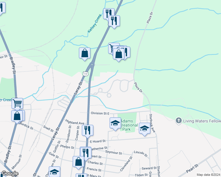 map of restaurants, bars, coffee shops, grocery stores, and more near Creekwood Drive in Watertown