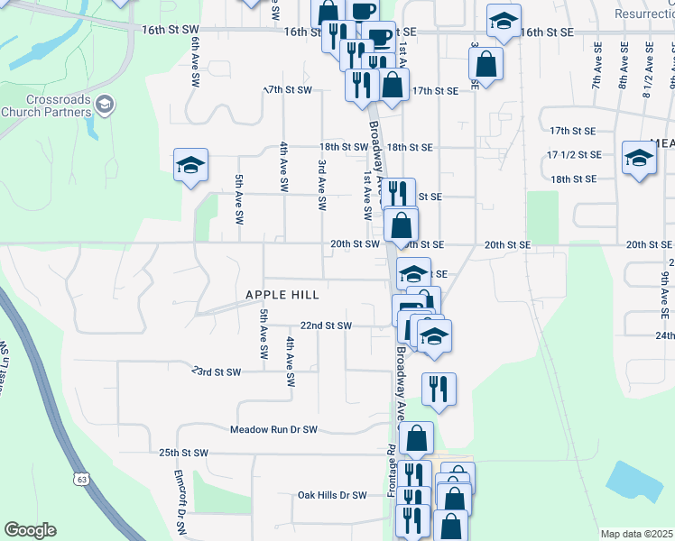 map of restaurants, bars, coffee shops, grocery stores, and more near 109 21st Street Southwest in Rochester