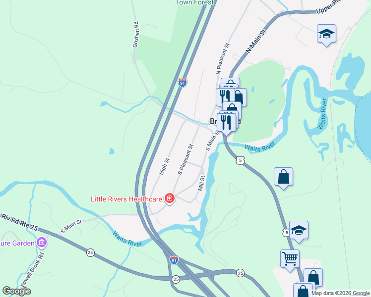 map of restaurants, bars, coffee shops, grocery stores, and more near 114 S Pleasant St in Bradford