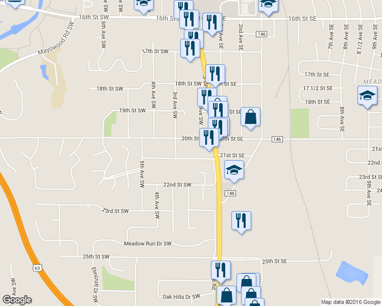 map of restaurants, bars, coffee shops, grocery stores, and more near 109 21st Street Southwest in Rochester