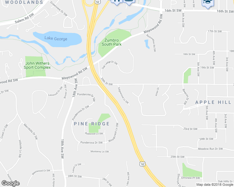 map of restaurants, bars, coffee shops, grocery stores, and more near 2019 Edgewood Court Southwest in Rochester