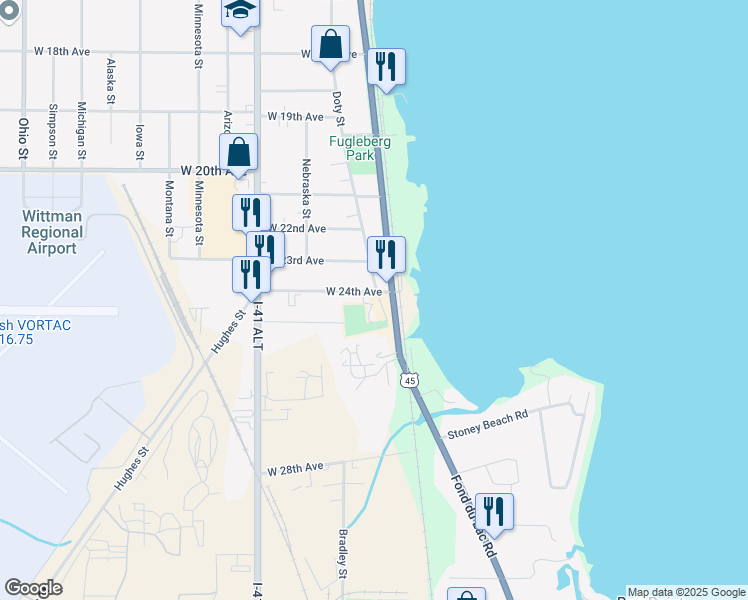 map of restaurants, bars, coffee shops, grocery stores, and more near 2421 Doty Street in Oshkosh