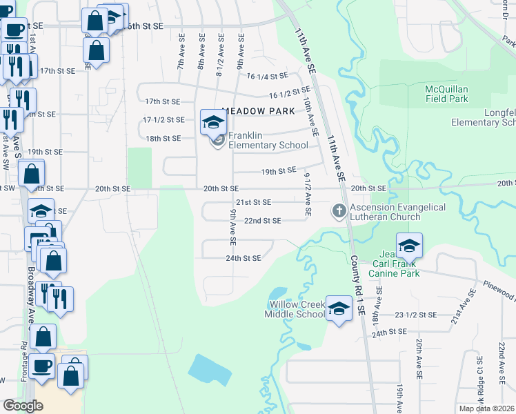 map of restaurants, bars, coffee shops, grocery stores, and more near 922 21st Street Southeast in Rochester