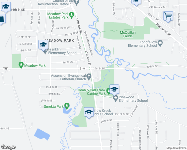 map of restaurants, bars, coffee shops, grocery stores, and more near 2074 11th Avenue Southeast in Rochester