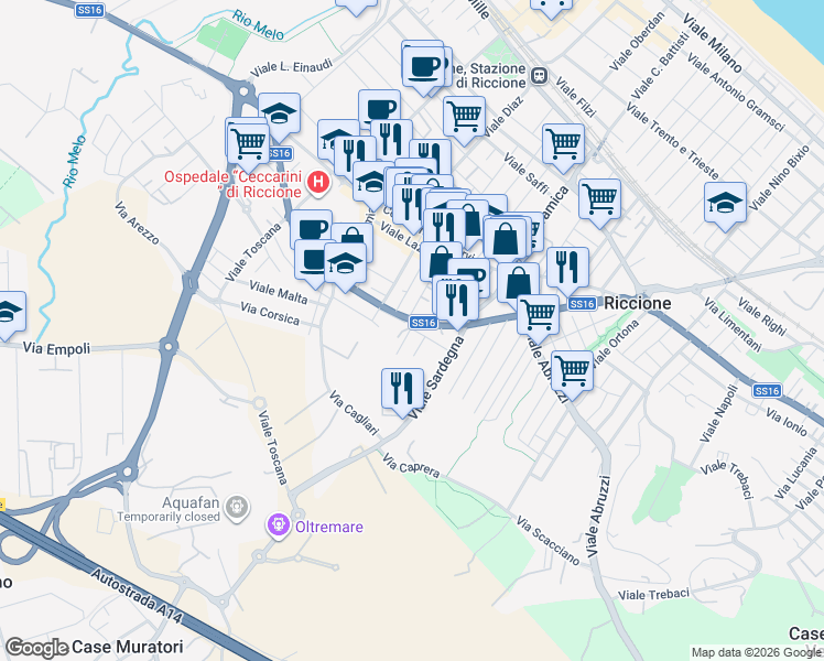 map of restaurants, bars, coffee shops, grocery stores, and more near 22 Via Adua in Riccione