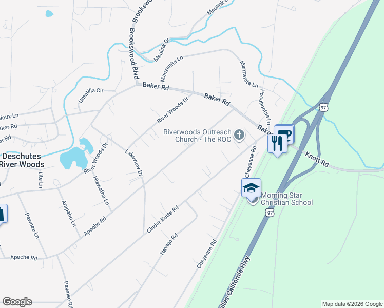 map of restaurants, bars, coffee shops, grocery stores, and more near 19605 Apache Road in Bend