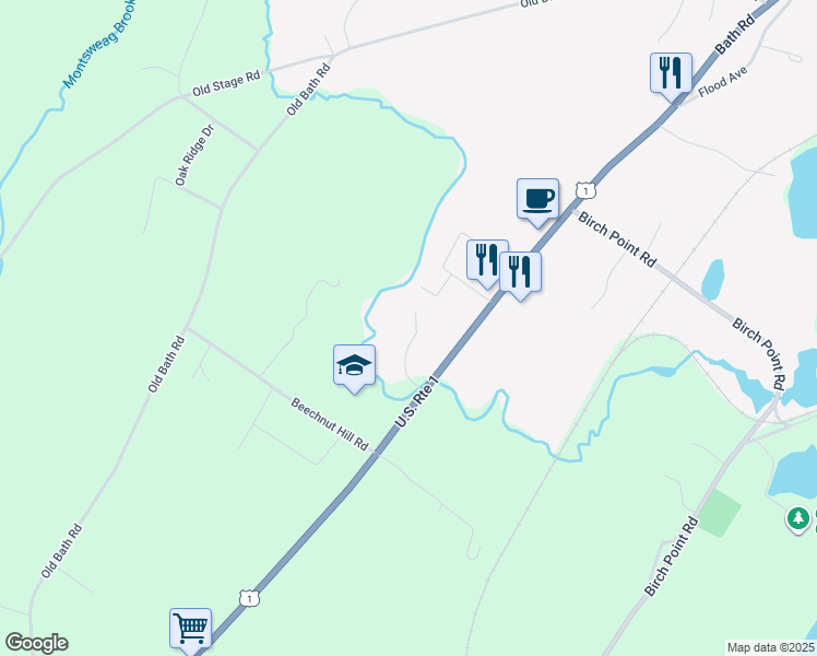 map of restaurants, bars, coffee shops, grocery stores, and more near 32 Ward Brook Road in Wiscasset