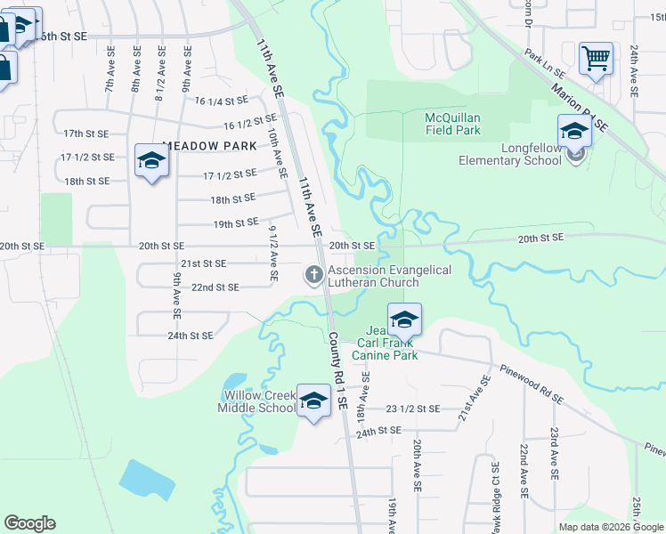 map of restaurants, bars, coffee shops, grocery stores, and more near 2070 11th Avenue Southeast in Rochester