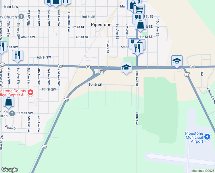 map of restaurants, bars, coffee shops, grocery stores, and more near 801 4th Avenue Southeast in Pipestone