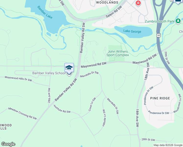 map of restaurants, bars, coffee shops, grocery stores, and more near 2025 Merrihills Drive Southwest in Rochester