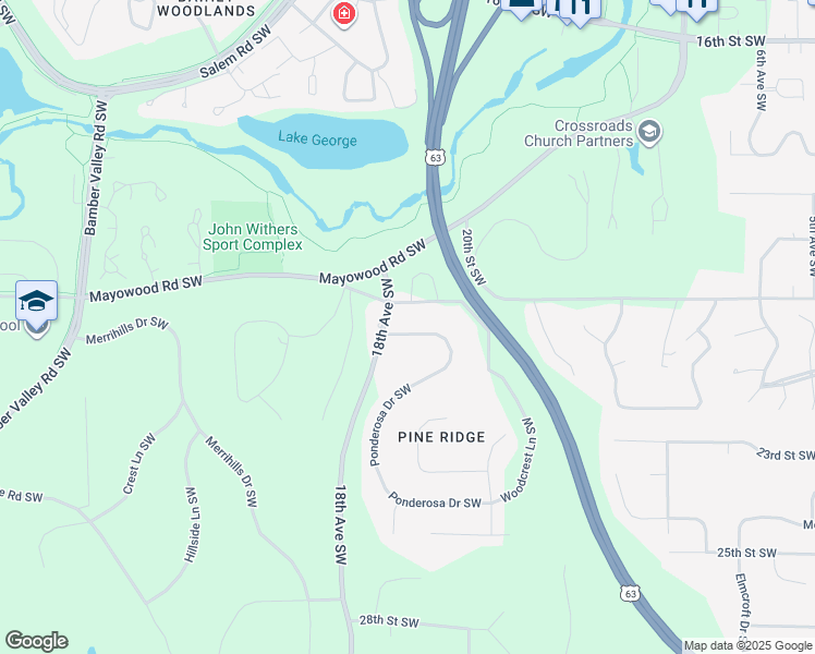 map of restaurants, bars, coffee shops, grocery stores, and more near 2110 Ponderosa Drive Southwest in Rochester