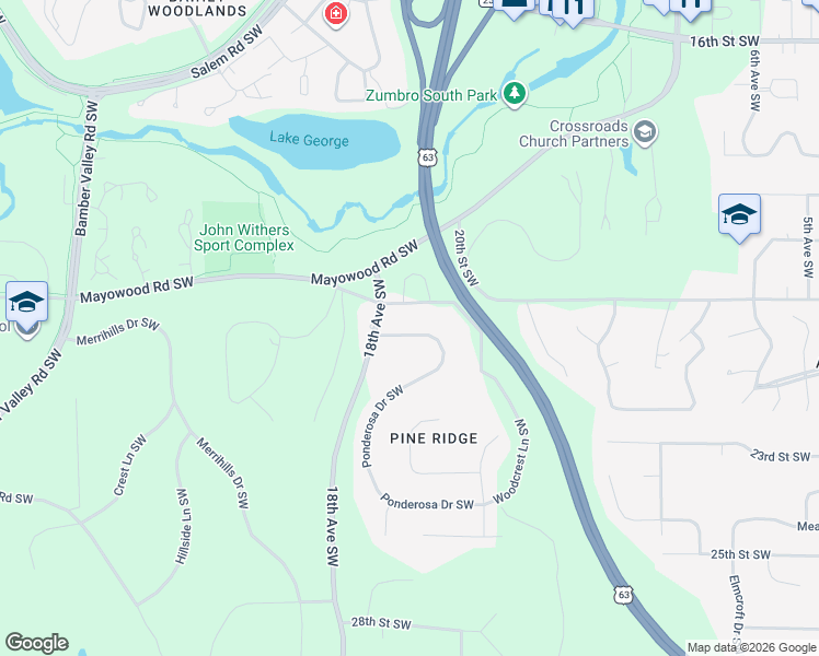 map of restaurants, bars, coffee shops, grocery stores, and more near 2114 Ponderosa Drive Southwest in Rochester