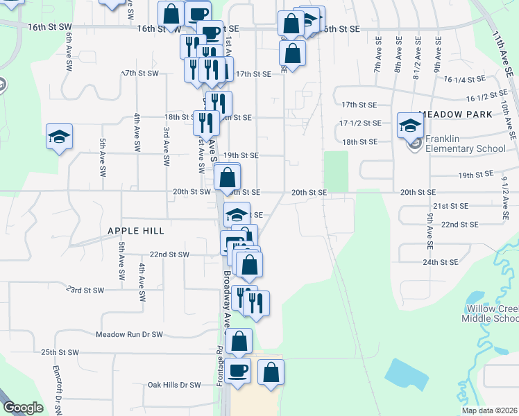 map of restaurants, bars, coffee shops, grocery stores, and more near 203 21st Street Southwest in Rochester