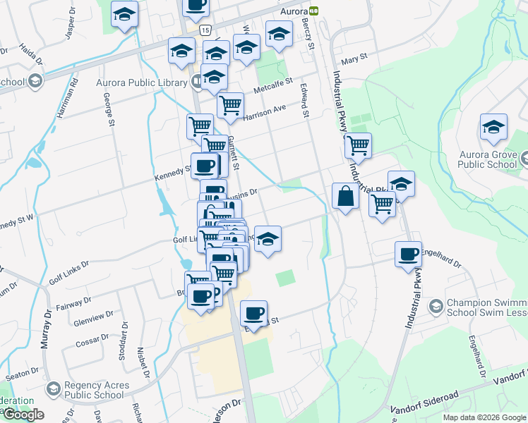map of restaurants, bars, coffee shops, grocery stores, and more near Royal Road in Aurora