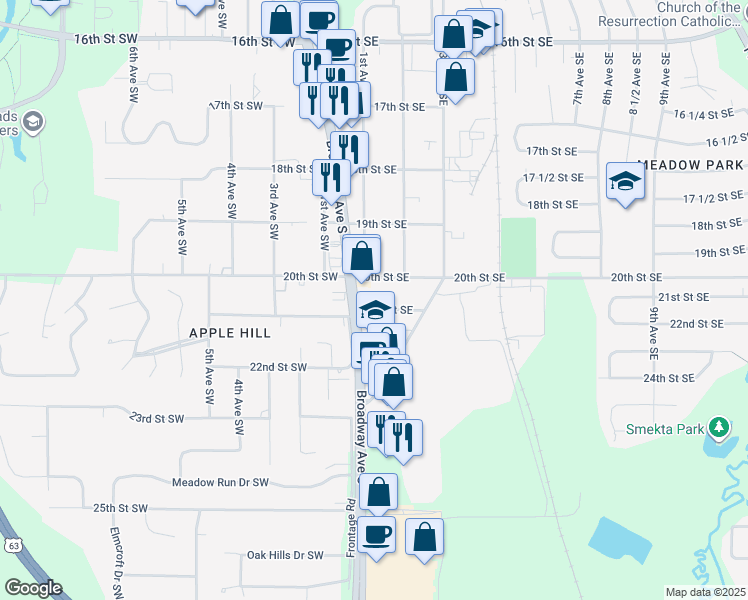 map of restaurants, bars, coffee shops, grocery stores, and more near 105 21st Street Southwest in Rochester