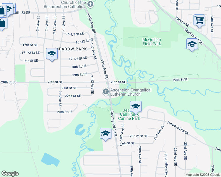 map of restaurants, bars, coffee shops, grocery stores, and more near 2070 11th Avenue Southeast in Rochester