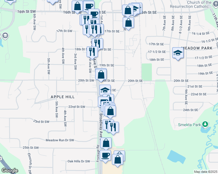 map of restaurants, bars, coffee shops, grocery stores, and more near 105 21st Street Southwest in Rochester