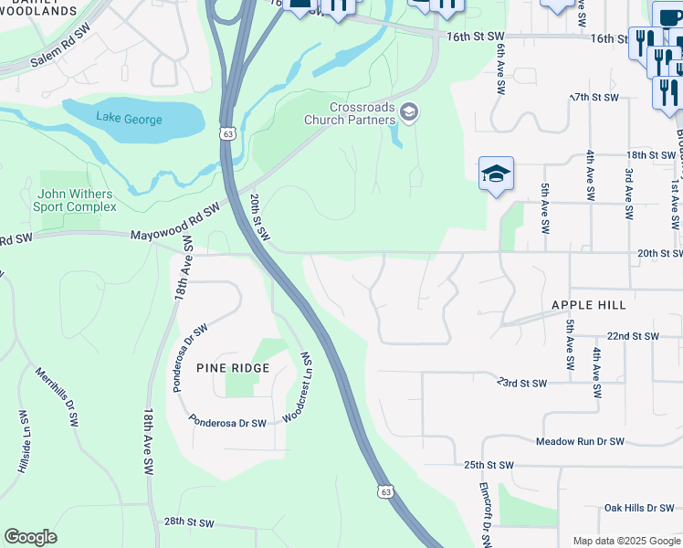 map of restaurants, bars, coffee shops, grocery stores, and more near 1120 Westchester Court Southwest in Rochester