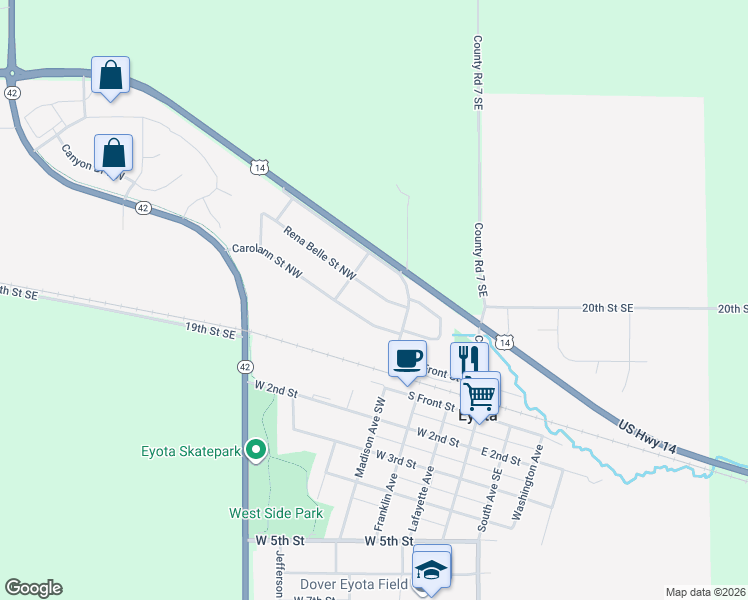 map of restaurants, bars, coffee shops, grocery stores, and more near 122 Rena Belle Street Northwest in Eyota