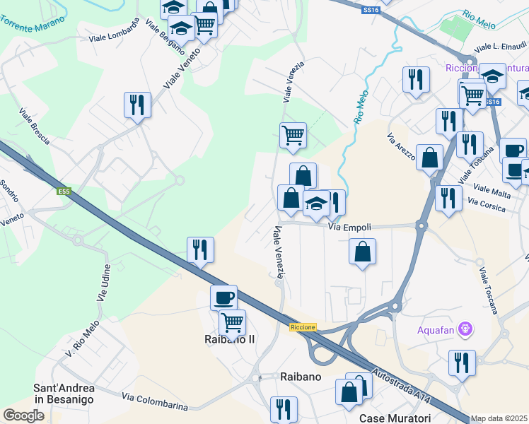 map of restaurants, bars, coffee shops, grocery stores, and more near 7 Viale Villadose in Riccione