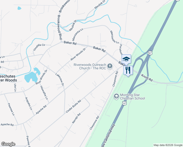 map of restaurants, bars, coffee shops, grocery stores, and more near 19605 Apache Road in Bend
