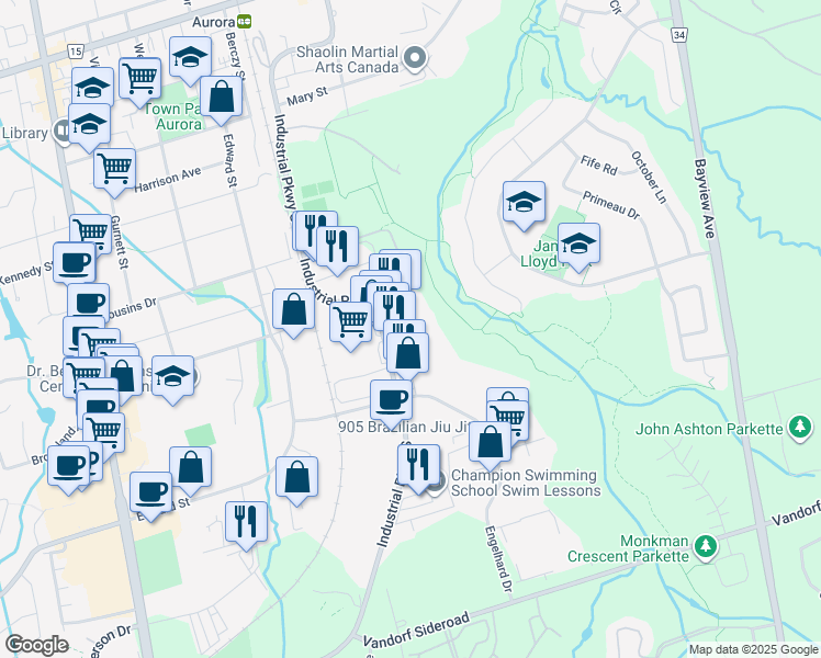 map of restaurants, bars, coffee shops, grocery stores, and more near 235 Industrial Parkway South in Aurora