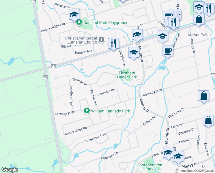 map of restaurants, bars, coffee shops, grocery stores, and more near 27 Tannery Creek Crescent in Aurora