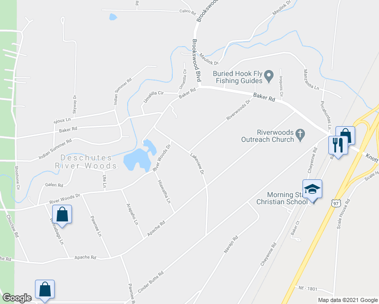 map of restaurants, bars, coffee shops, grocery stores, and more near 18897 Riverwoods Drive in Bend