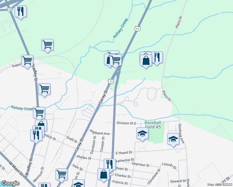 map of restaurants, bars, coffee shops, grocery stores, and more near 950 Mill Street in Watertown