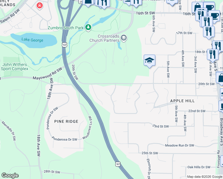 map of restaurants, bars, coffee shops, grocery stores, and more near 1080 Forest Hills Drive Southwest in Rochester