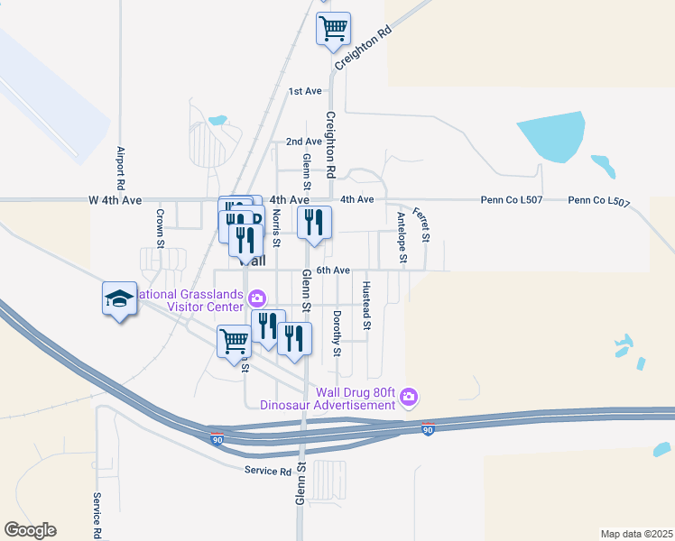 map of restaurants, bars, coffee shops, grocery stores, and more near 401 6th Avenue in Wall