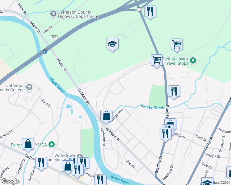 map of restaurants, bars, coffee shops, grocery stores, and more near 1206 Superior Street in Watertown