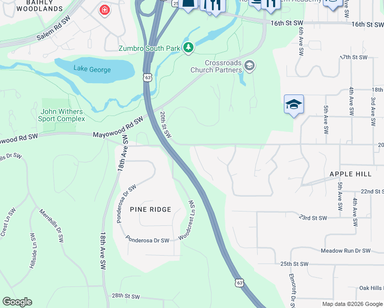 map of restaurants, bars, coffee shops, grocery stores, and more near 2019 Edgewood Court Southwest in Rochester