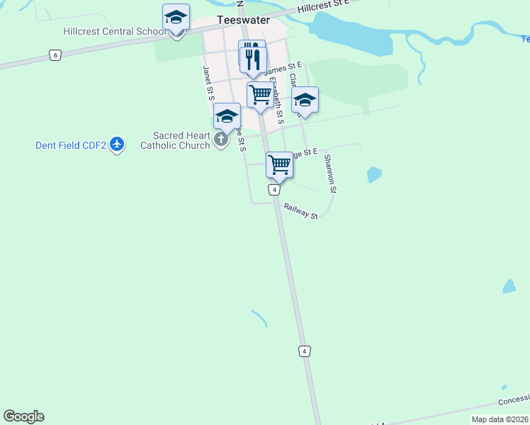 map of restaurants, bars, coffee shops, grocery stores, and more near 7 Cassidy Street in Teeswater