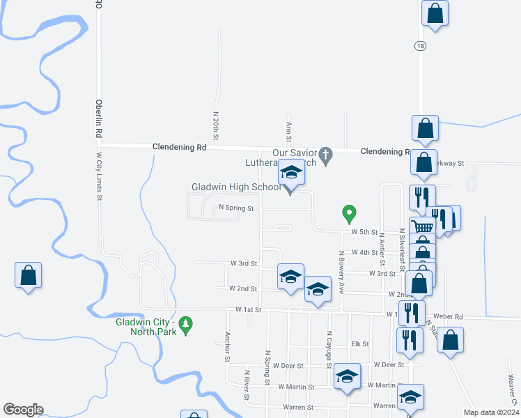 map of restaurants, bars, coffee shops, grocery stores, and more near 1421 North Spring Street in Gladwin