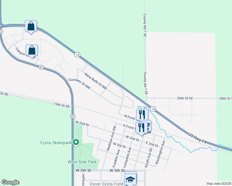 map of restaurants, bars, coffee shops, grocery stores, and more near 122 Rena Belle Street Northwest in Eyota