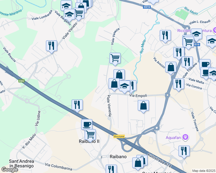 map of restaurants, bars, coffee shops, grocery stores, and more near 7 Viale Villadose in Riccione