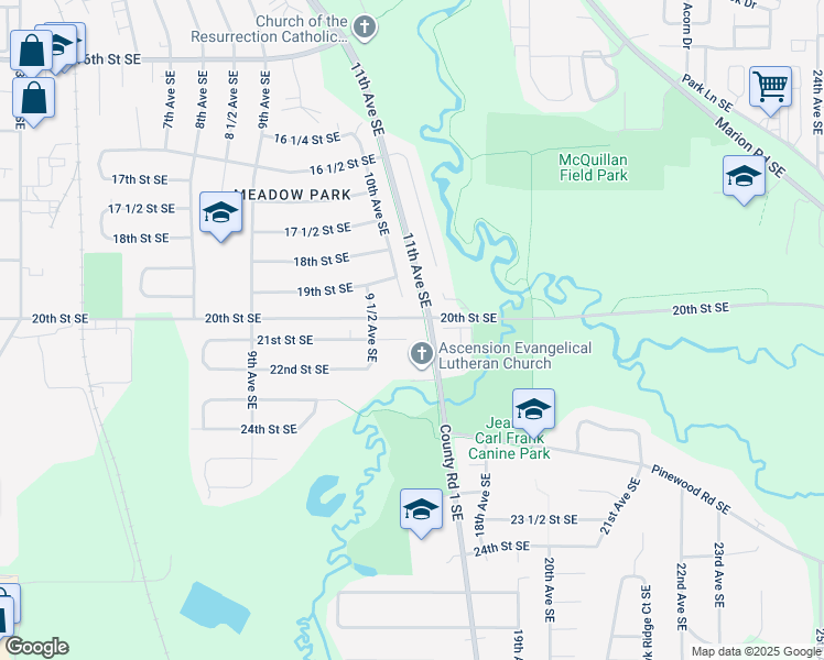 map of restaurants, bars, coffee shops, grocery stores, and more near 1011 21st Street Southeast in Rochester