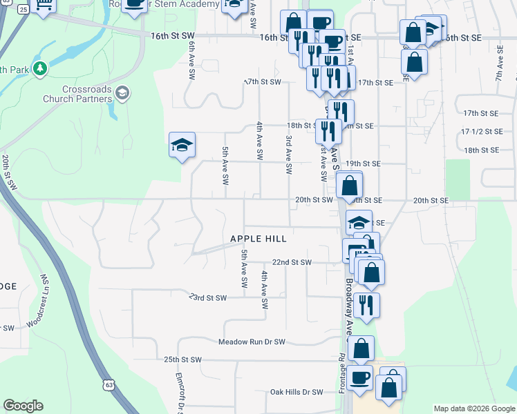 map of restaurants, bars, coffee shops, grocery stores, and more near 405 21st Street Southwest in Rochester