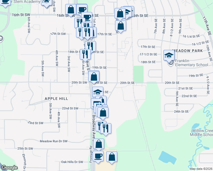 map of restaurants, bars, coffee shops, grocery stores, and more near 203 21st Street Southwest in Rochester