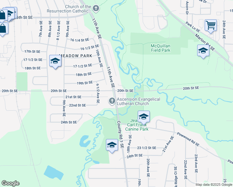 map of restaurants, bars, coffee shops, grocery stores, and more near 2070 11th Avenue Southeast in Rochester