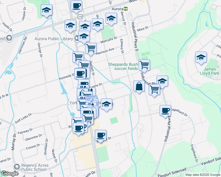 map of restaurants, bars, coffee shops, grocery stores, and more near 42 Royal Road in Aurora