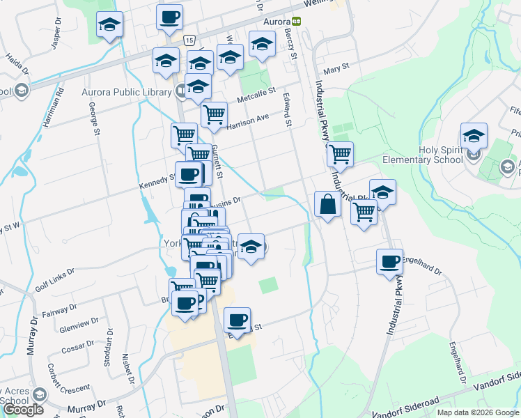 map of restaurants, bars, coffee shops, grocery stores, and more near 42 Royal Road in Aurora