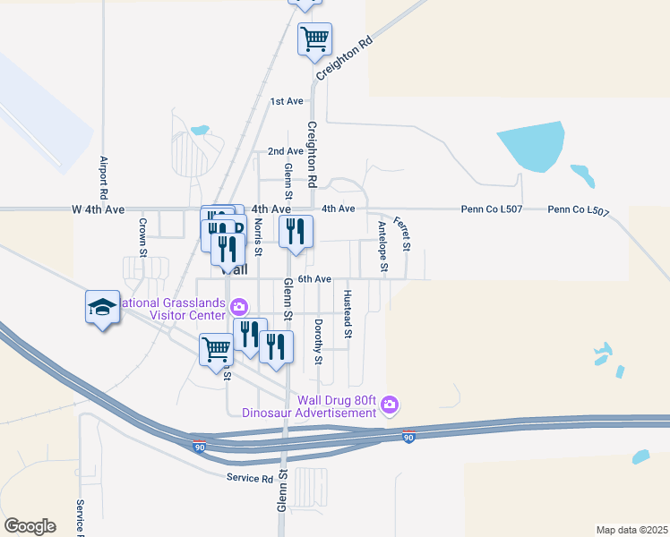 map of restaurants, bars, coffee shops, grocery stores, and more near 401-499 6th Avenue in Wall