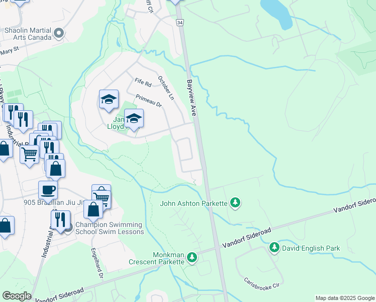 map of restaurants, bars, coffee shops, grocery stores, and more near 80 Hackwood Crescent in Aurora