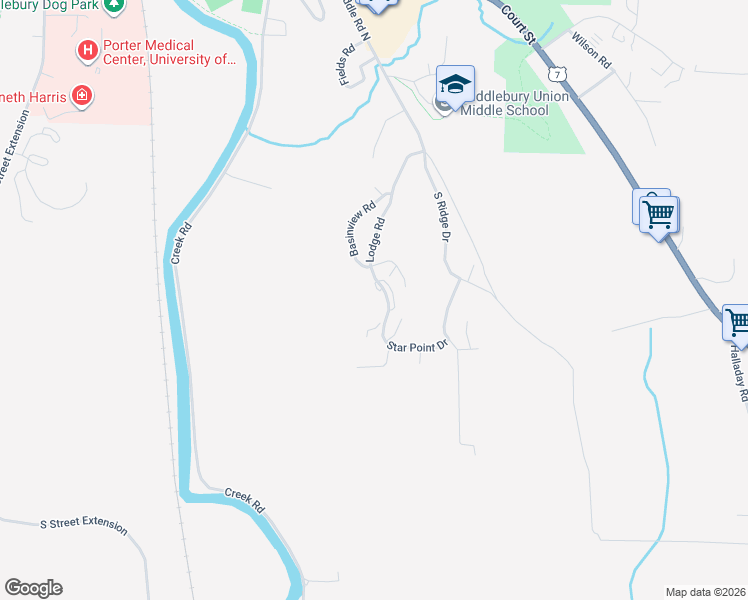 map of restaurants, bars, coffee shops, grocery stores, and more near 350 Lodge Road in Middlebury