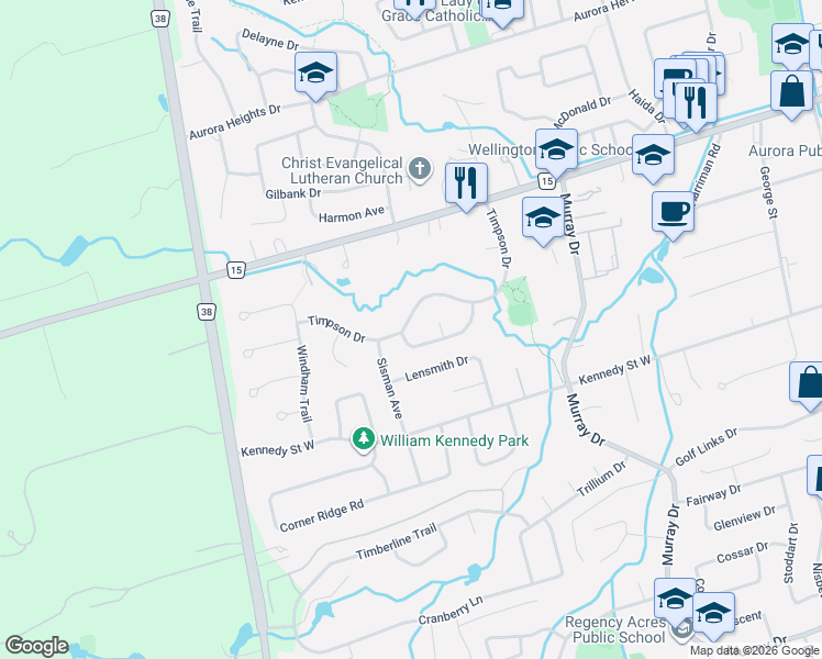map of restaurants, bars, coffee shops, grocery stores, and more near 46 Tannery Creek Crescent in Aurora