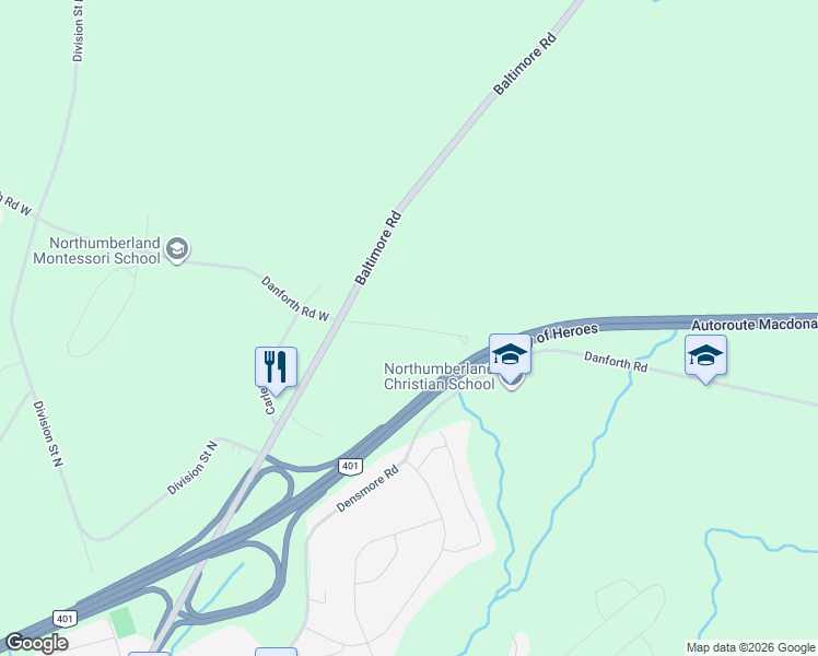 map of restaurants, bars, coffee shops, grocery stores, and more near Slater Street in Cobourg
