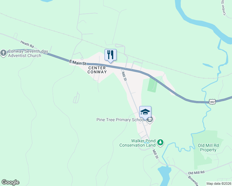 map of restaurants, bars, coffee shops, grocery stores, and more near 80 Mill Street in Conway